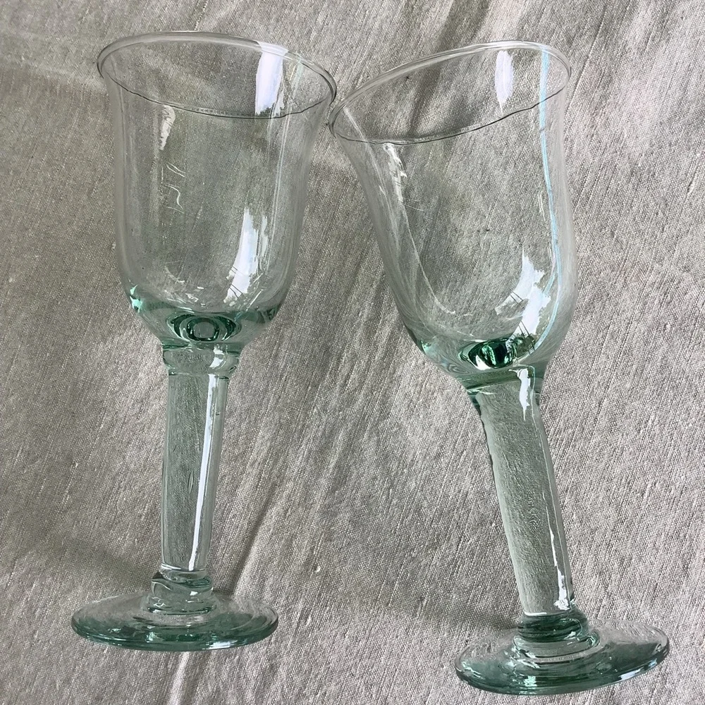 Vintage La Mediterranea Water Wine Handblown 2 Glasses Sea Green Tint Verde